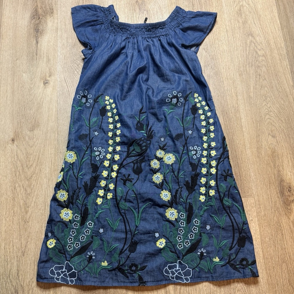 Allison New York‎ Off The Shoulder Denim Embroidered Floral Mini Dress XS